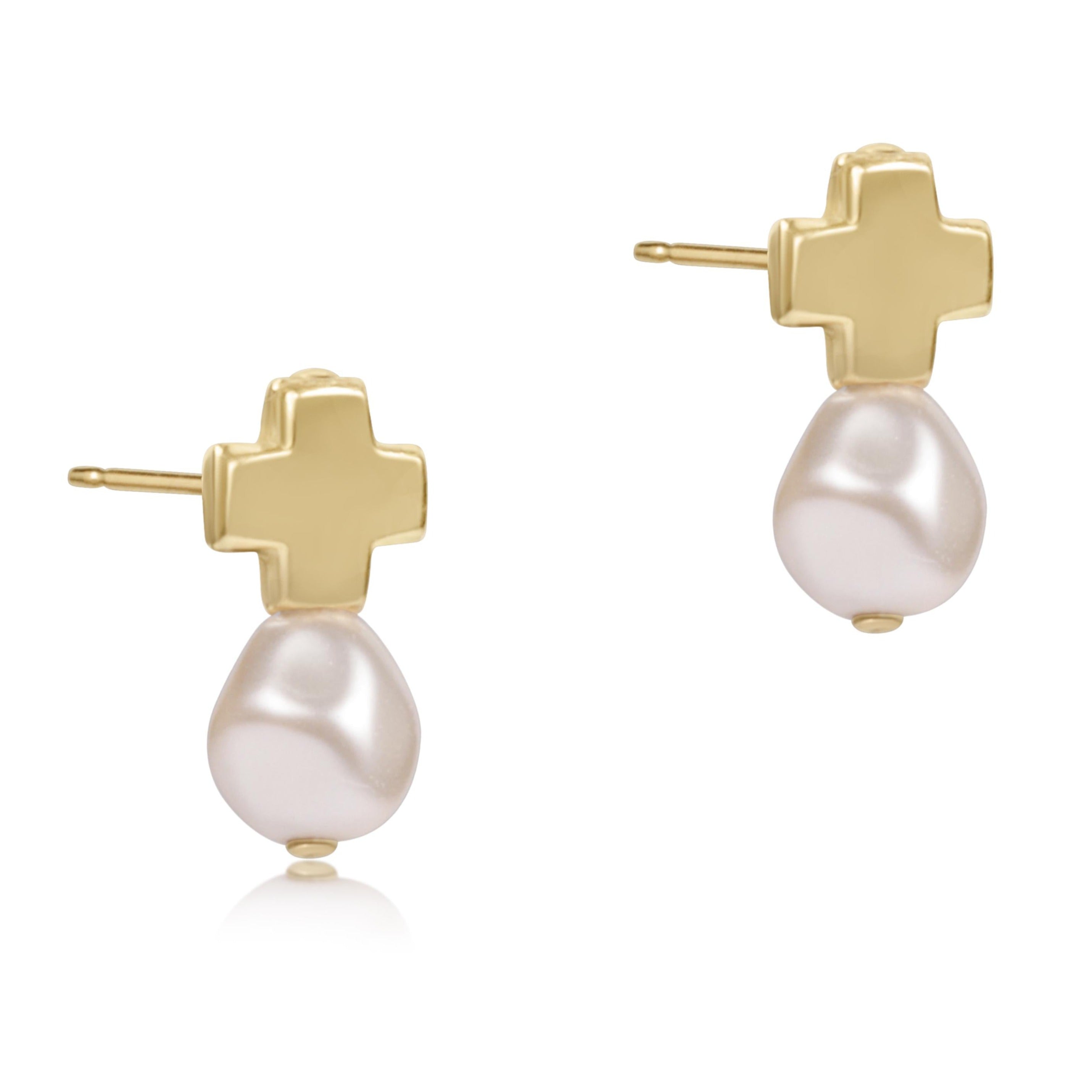 Signature Cross Gold Studs - Classic Pearl